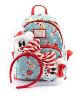 Loungefly Disney Mickey Minnie Snowman AOP Mini Backpack Headband Set -Loungefly WDBKS0012 MickeyMinnieSnowmanAOPMiniBackPack FrontAlternate HiRes